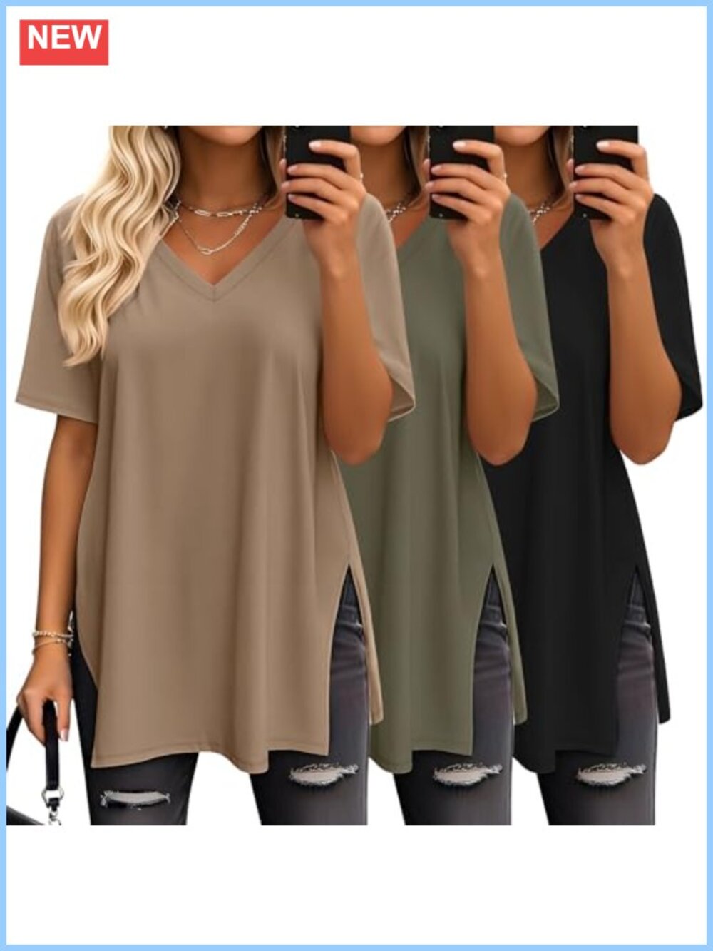 3 Pack Oversized V Neck Tunic Tees for Women Long Casual Shirts
